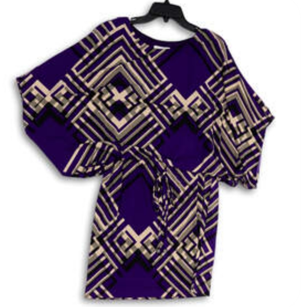 Jessica Simpson Womens Purple Beige Geometric Round Neck Short Mini Dress